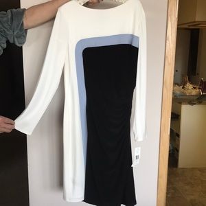 NWT Ralph Lauren dress. Cream, light blue, and black with shirred side seam